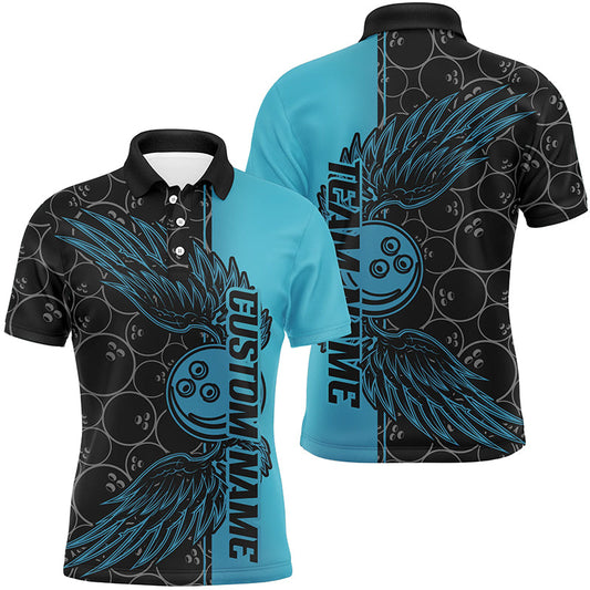 Black And Teal Blue Custom Bowling Ball And Wings Bowling Shirts For Men, Bowling Team Uniform IPHW7929