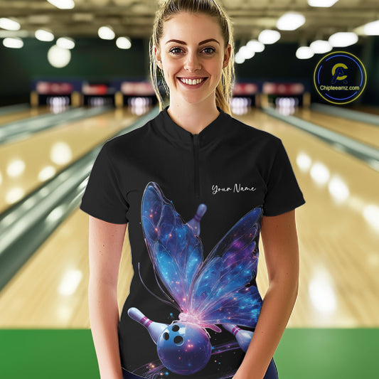 Custom Blue Galaxy Butterfly Bowling Women Quarter-Zip Shirts, Ladies Bowling Outfit IPHW10241