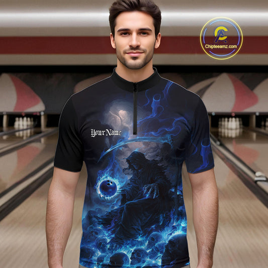 Custom Electric Blue Fire Grim Reaper Bowling Quarter-Zip Shirts For Men, Halloween Bowling Shirt IPHW9464