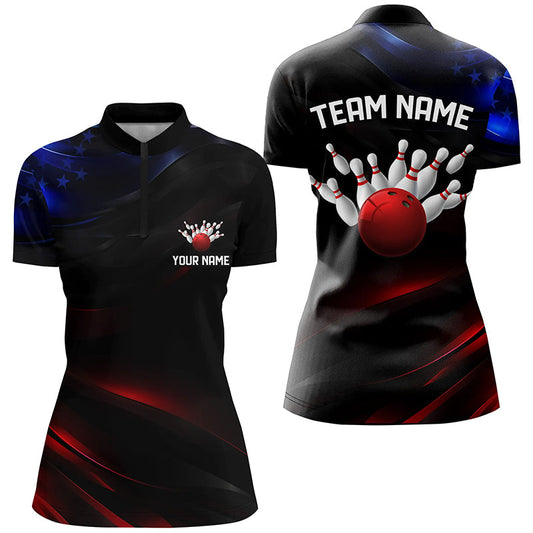 Black, Red And Blue Custom Patriotic Bowling Shirts For Women, Us Bowling League Shirts IPHW7114