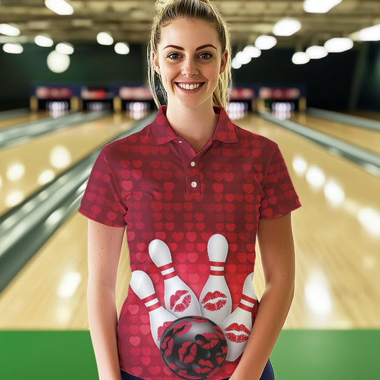 Bowling Kisses Red Heart Theme Custom Valentines Day Bowling Polo Shirts For Women IPHW8366