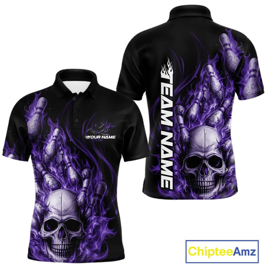 Custom Multi Styles Purple Flame Skull Halloween Bowling Team Shirts, Bowling Tournament Shirt Bowling Jersey IPHW10441