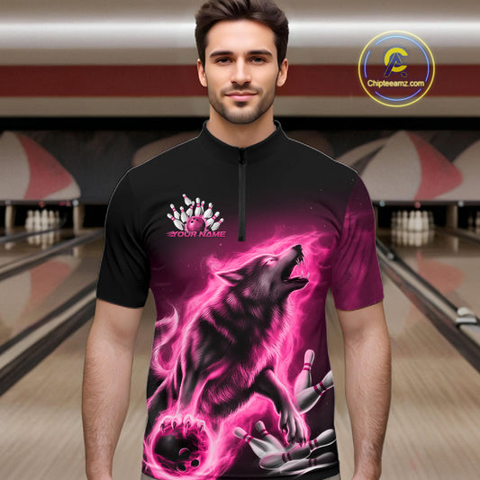 Pink Flame Wolf Custom Bowling Team Shirt For Men, Fire Wolf Bowling Jerseys IPHW10734