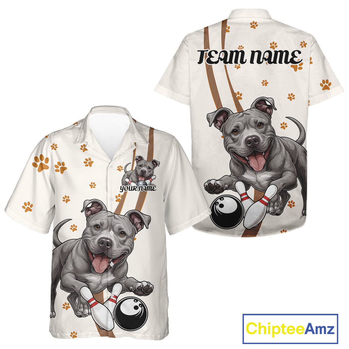 Custom Funny Pitbull Dog Bowling Men And Women Hawaiian Shirts, Dog Paw Print Bowler Outfit IPHW10249