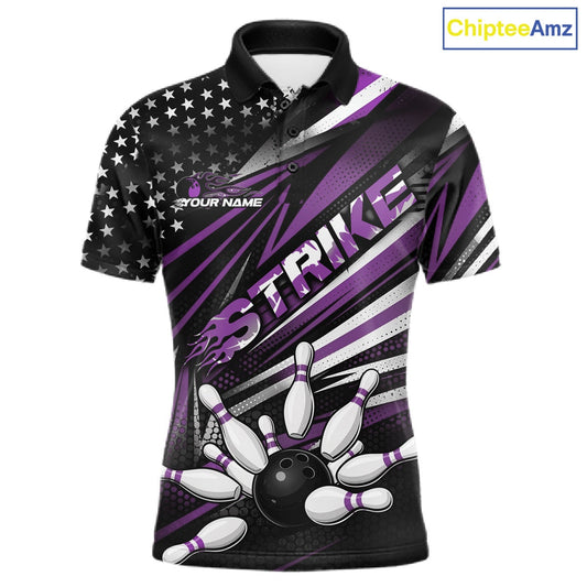 Custom Black And Purple US Flag Patriotic Strike Bowling Team Shirt, Freedom Bowling League Shirt Bowler Jersey IPHW10461