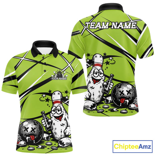 Lime Green polo shirt with funny drunk bowling ball and pins cartoon design