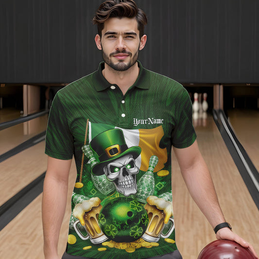 Custom Irish Flag St Patricks Day Bowling Polo Team Shirts For Men, Skull Leprechaun Bowling IPHW8594