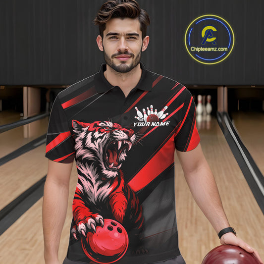 Custom Black And Red Tiger Bowling Team Men Shirt, Bowling League Shirt Bowler Uniform IPHW10775