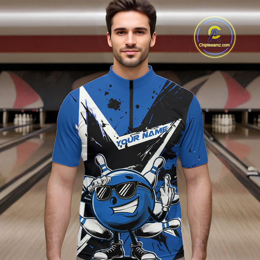 Custom Black And Blue Star Funny Bowling Quarter-Zip Shirts For Men, Bowling Tournament Shirt IPHW9359