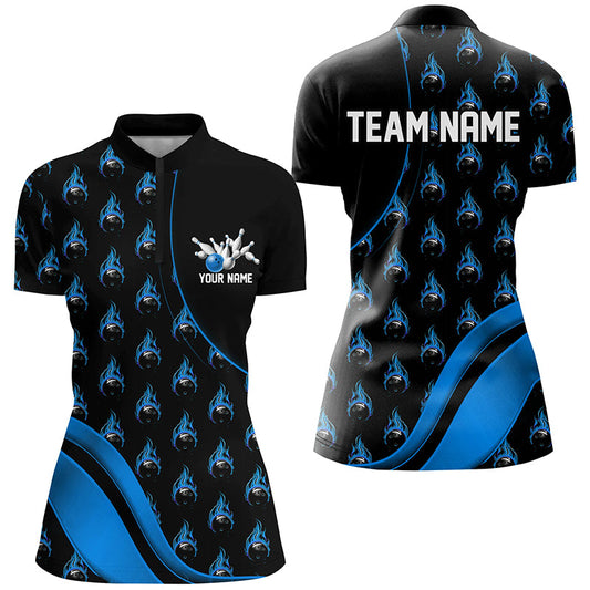 Custom Blue Flame Bowling Shirts For Women, Personalized Team Bowling Shirts IPHW6959