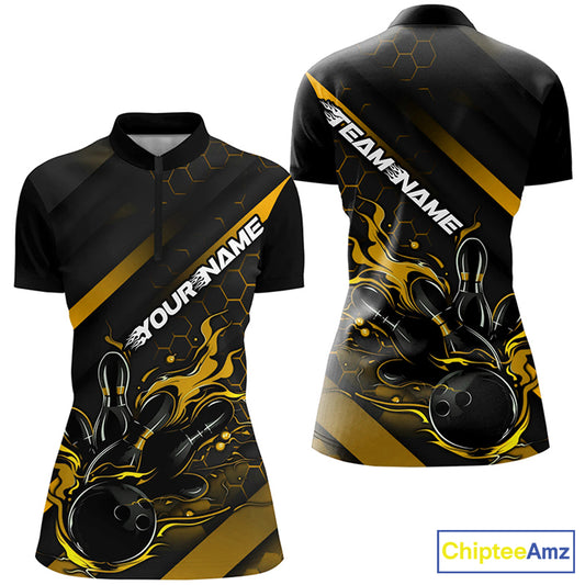 Custom Black And Gold Flame Bowling Shirts For Women, Bowling Team Bowling League Shirts IPHW7505