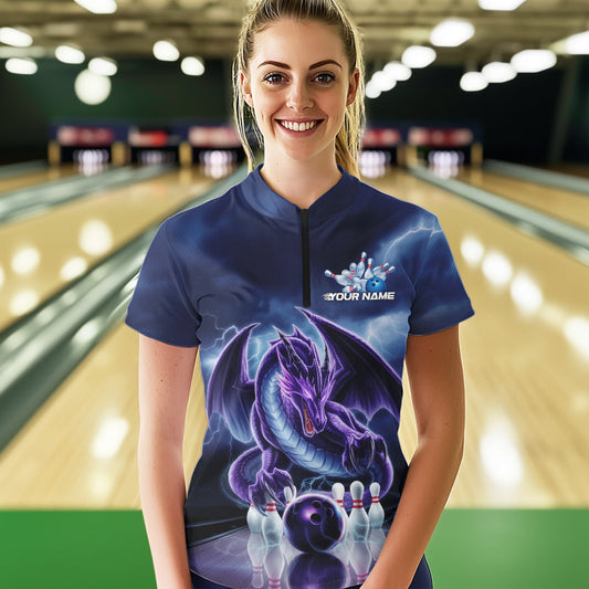 Custom Blue Thunder Lightning Purple Dragon Bowling Team Women Quarter-Zip Shirts IPHW8922