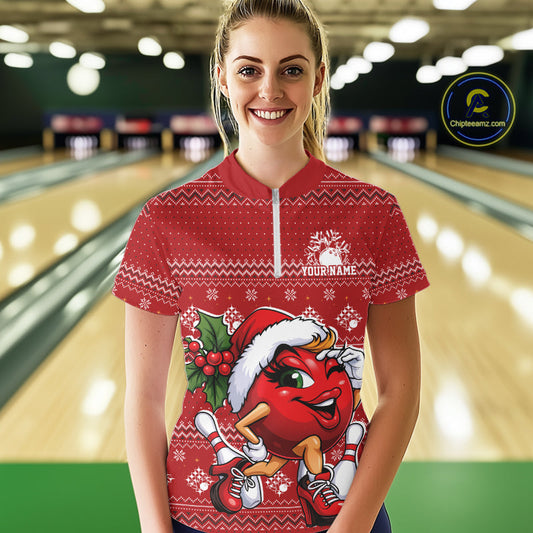 Custom Cute Funny Ladies Christmas Bowling Quarter-Zip Shirts, Women Team Xmas Outfit IPHW10139