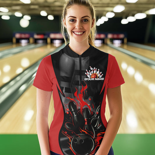 Custom Black And Red Flame Bowling Quarter-Zip Shirts For Women, Fire Bowling League Shirt IPHW8619