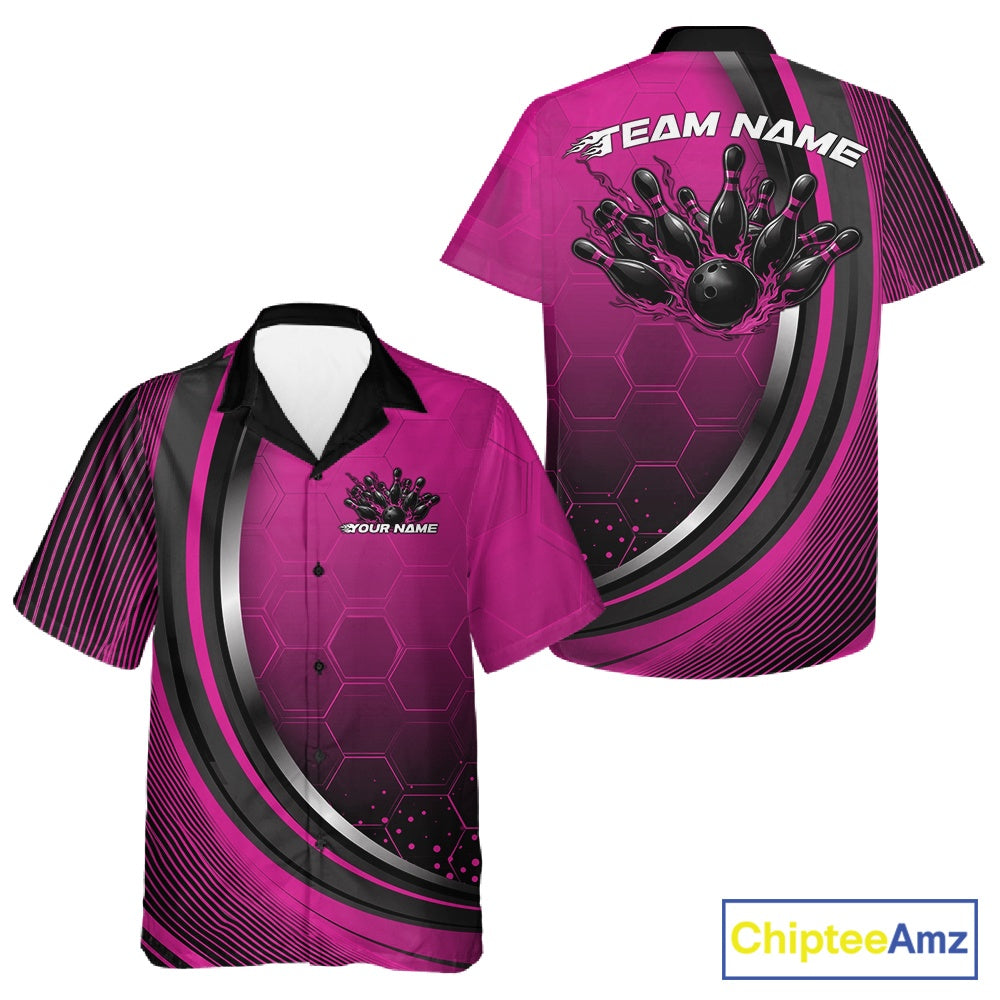 Front and back view of a button-up bowling shirt mockup in black and pink, featuring honeycomb pattern with a flaming bowling ball striking pins.