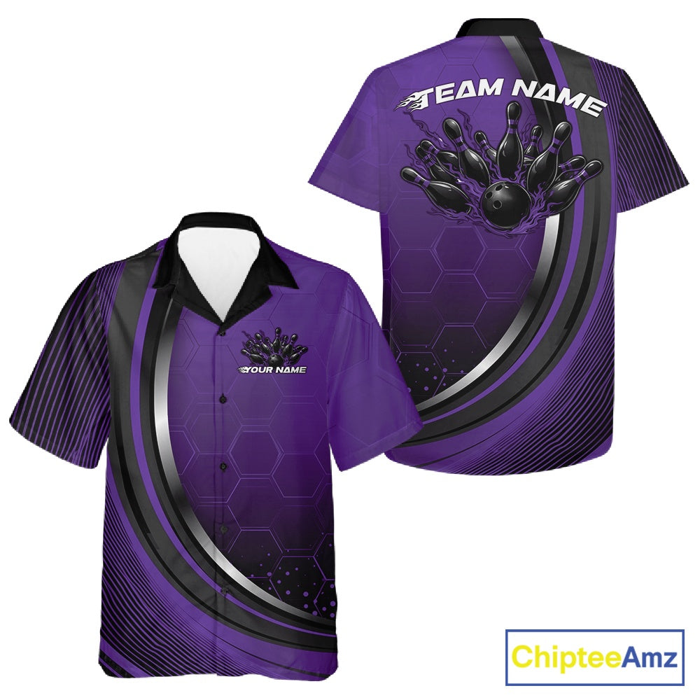 Front and back view of a button-up bowling shirt mockup in black and purple, featuring honeycomb pattern with a flaming bowling strike graphic.