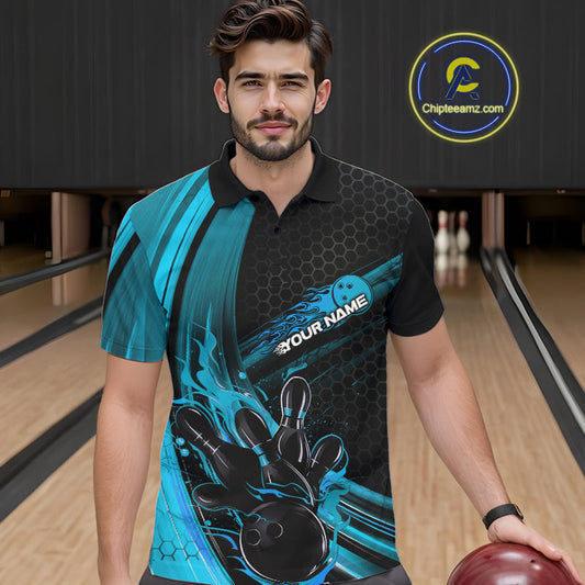 Custom Black And Blue Flame Bowling Jerseys, Bowling Team Polo Shirts For Men IPHW9885
