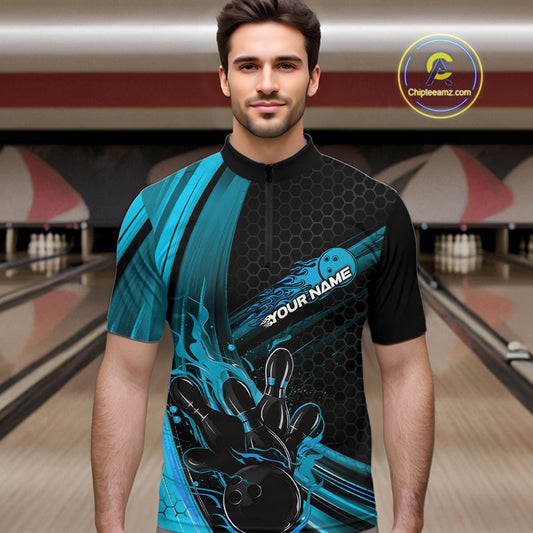 Custom Black And Blue Flame Bowling Jerseys, Bowling Team Quarter-Zip Shirts For Men IPHW9885