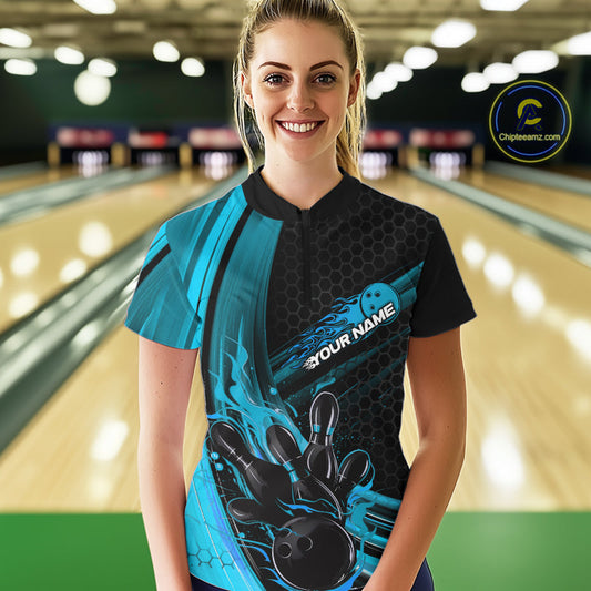 Custom Black And Blue Flame Bowling Jerseys, Bowling Team Quarter-Zip Shirts For Women IPHW9885