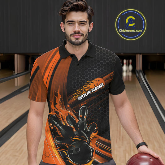 Custom Black And Orange Flame Bowling Jerseys, Bowling Team Polo Shirts For Men IPHW9887