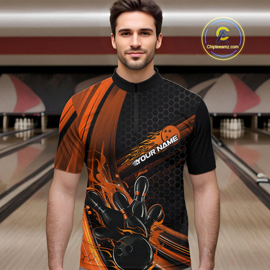 Custom Black And Orange Flame Bowling Jerseys, Bowling Team Quarter-Zip Shirts For Men IPHW9887