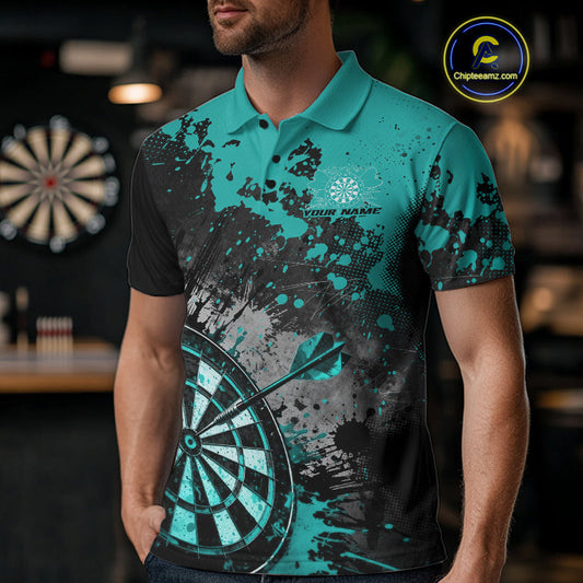 Custom Black And Blue-Green Splatter Dart Men Polo Shirt, Grunge Style Dart Team Jerseys IPHW10055