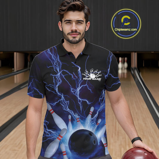 Custom Blue Thunder Lightning Bowling Ball And Pins Polo Shirts For Men, Team Uniform IPHW9507