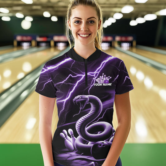 Custom Black And Purple Thunder Lightning Snake Bowling Team Quarter-Zip Shirts For Women IPHW8648