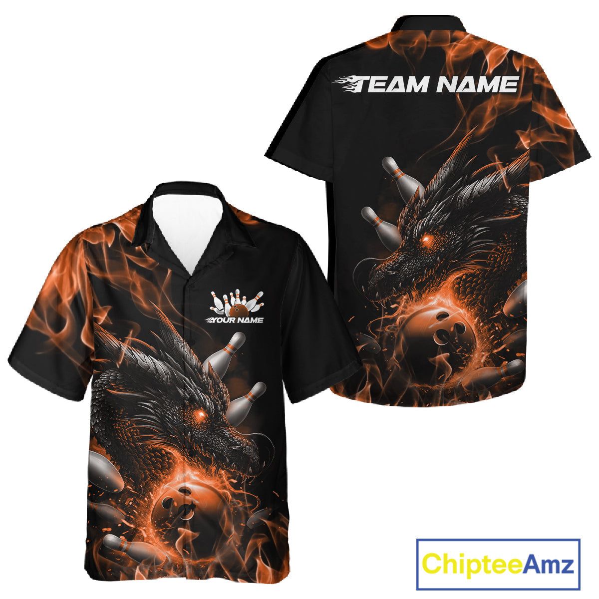 Custom Black And Orange Flame Dragon Bowling Men And Women Hawaiian Shirt, Dragon Bowling League Shirt IPHW10275