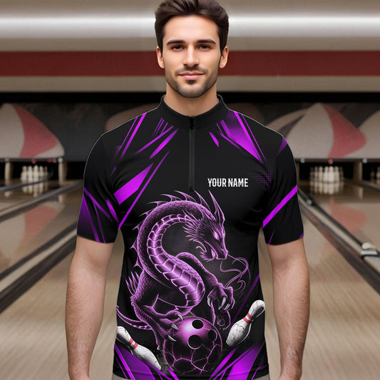 Custom Black And Purple Dragon Bowling Quarter-Zip Shirts For Men, Dragon Bowling League Shirt IPHW8673