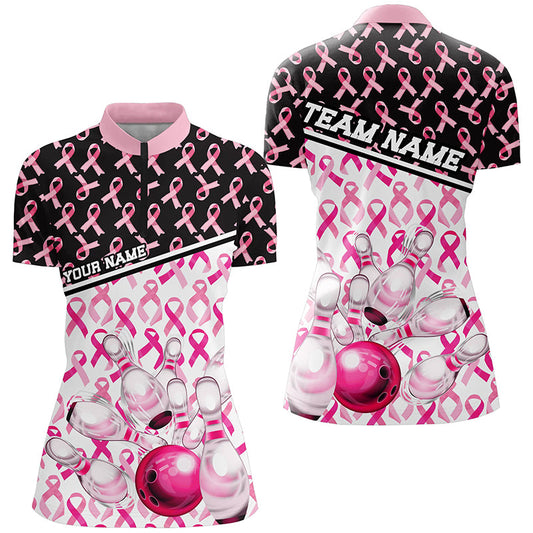 Black And Pink Breast Cancer Awareness Ribbons Custom Bowling Shirts For Women IPHW7007