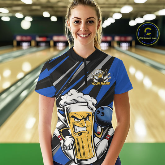 Custom Funny Blue Bowling Jerseys Bowling And Beer Women Shirts, Bowling Jerseys IPHW10533