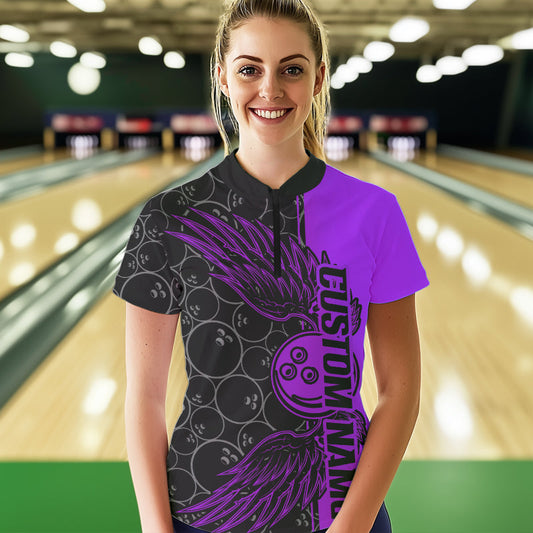 Black And Purple Custom Bowling Ball And Wings Womens Quarter-Zip Shirts, Team Uniform IPHW8693