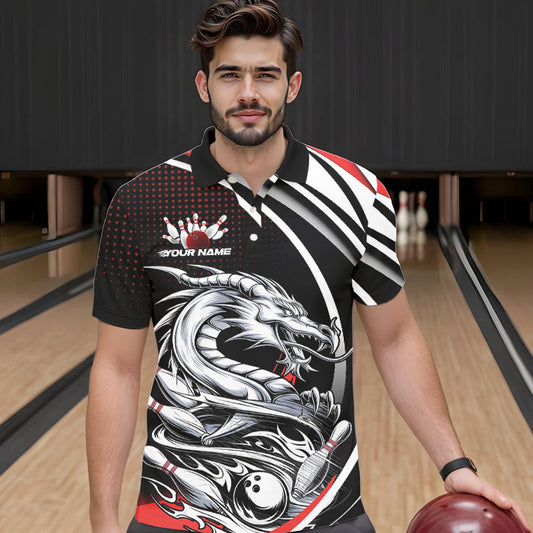 Custom Black And Red Dragon Bowling Team Polo Shirts For Men, Dragon Bowling Jerseys IPHW8705