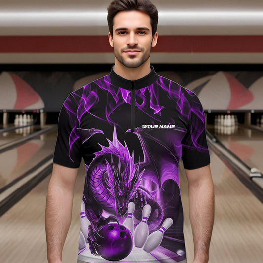 Custom Purple Flame Dragon Bowling Quarter-Zip Shirts For Men, Dragon Bowling Team Jerseys IPHW8961