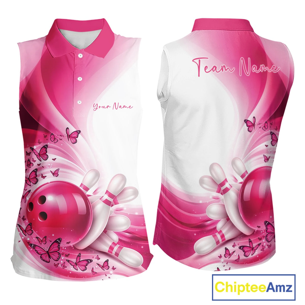 Pink and white bowling-themed sleeveless shirt with butterfly designs on a white background, featuring 'ChipteeAmz' branding.