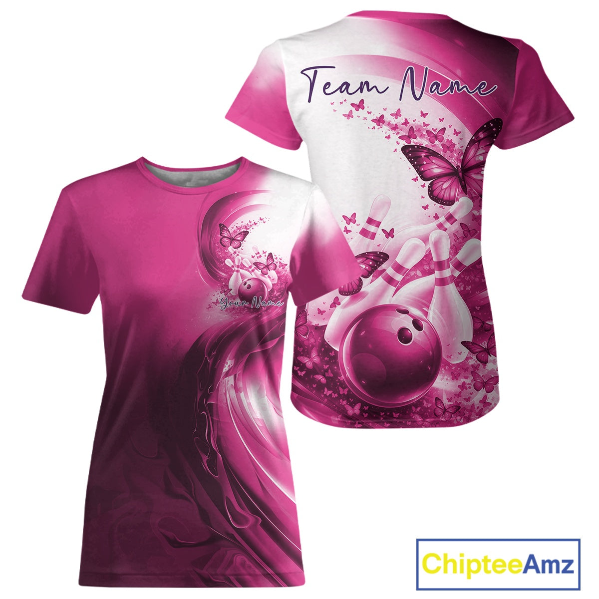 Pink and white t-shirt with bowling design and butterfly graphics, featuring 'Team Name' text.