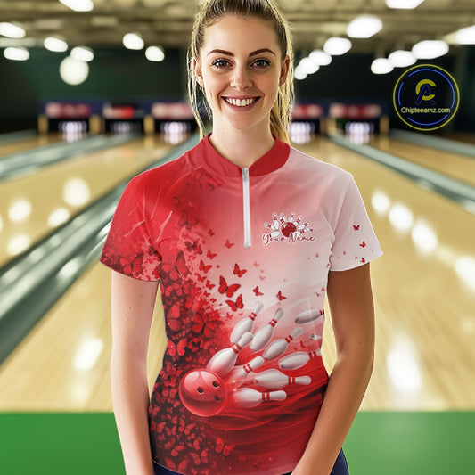 Custom Red Butterfly Bowling Women Quarter-Zip Shirt, Women Bowling Tournament Uniform IPHW11360