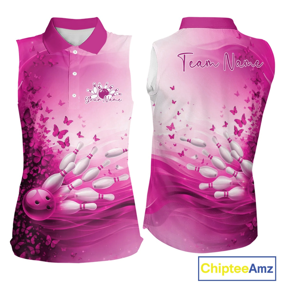 Pink sleeveless bowling shirt with butterfly design and 'Team Name' text,