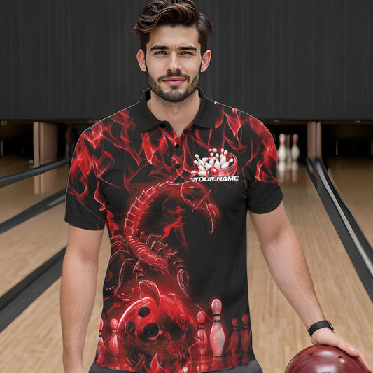 Custom Black And Red Flame Scorpio Zodiac Bowling Men Polo Shirts, Scorpion Bowler Outfit IPHW8973