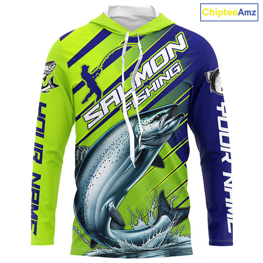 Chinook Salmon Custom Long Sleeve Fishing Shirts, Salmon Fisherman Fishing Jerseys | Green And Blue IPHW6209