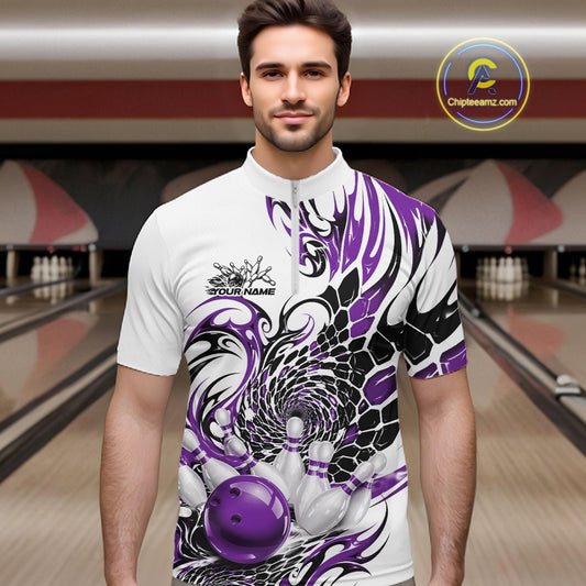 Male model wearing a white bowling quarter-zip shirt with purple and black tribal artwork and a red bowling ball crashing into the pins