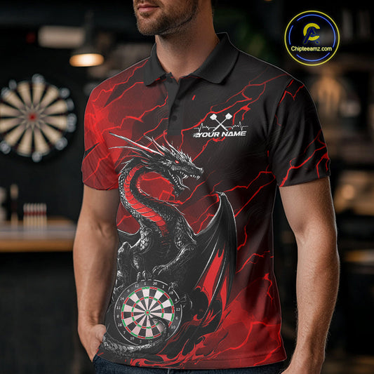 Custom Red Thunder Lightning Dragon Dart Polo Shirts For Men, Dragon Dart Team Jerseys IPHW9939