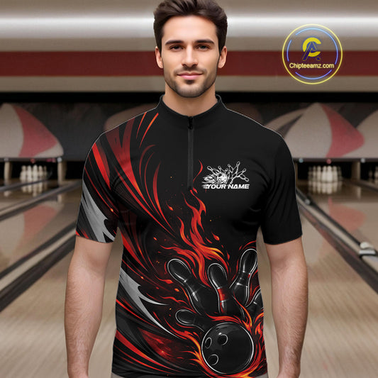 Custom Black And Red Fire Flame Bowling Men Jerseys, Bowling League Quarter-Zip Shirt IPHW10308
