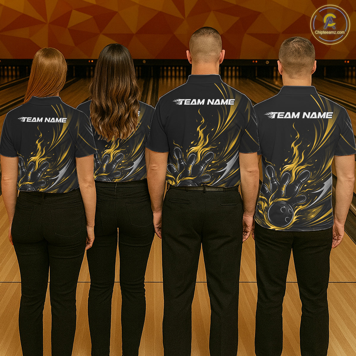 Custom Black And Yellow Fire Flame Bowling Men Jerseys, Bowling League Polo Shirt IPHW10310