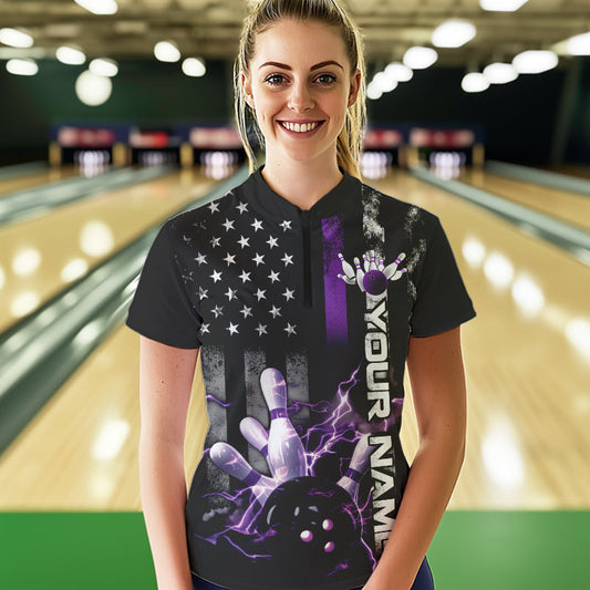 Custom Black And Purple Thin Line American Flag US Bowling Womens Quarter-Zip Shirts IPHW8517