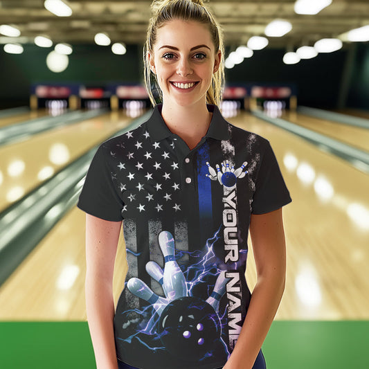 Custom Black And Blue Thin Line American Flag Patriotic US Bowling Polo Shirts For Women IPHW8518