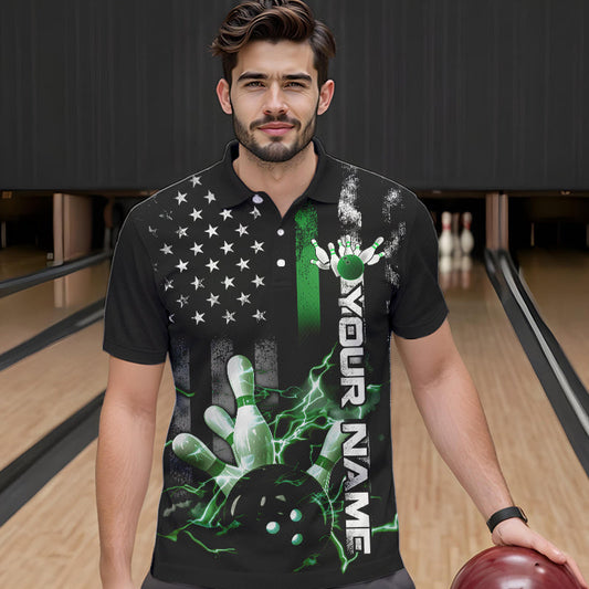 Custom Black And Green Thin Line American Flag Patriotic US Bowling Team Polo Shirts For Men IPHW8519