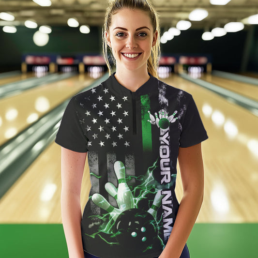Custom Black And Green Thin Line American Flag US Bowling Team Womens Quarter-Zip Shirts IPHW8519
