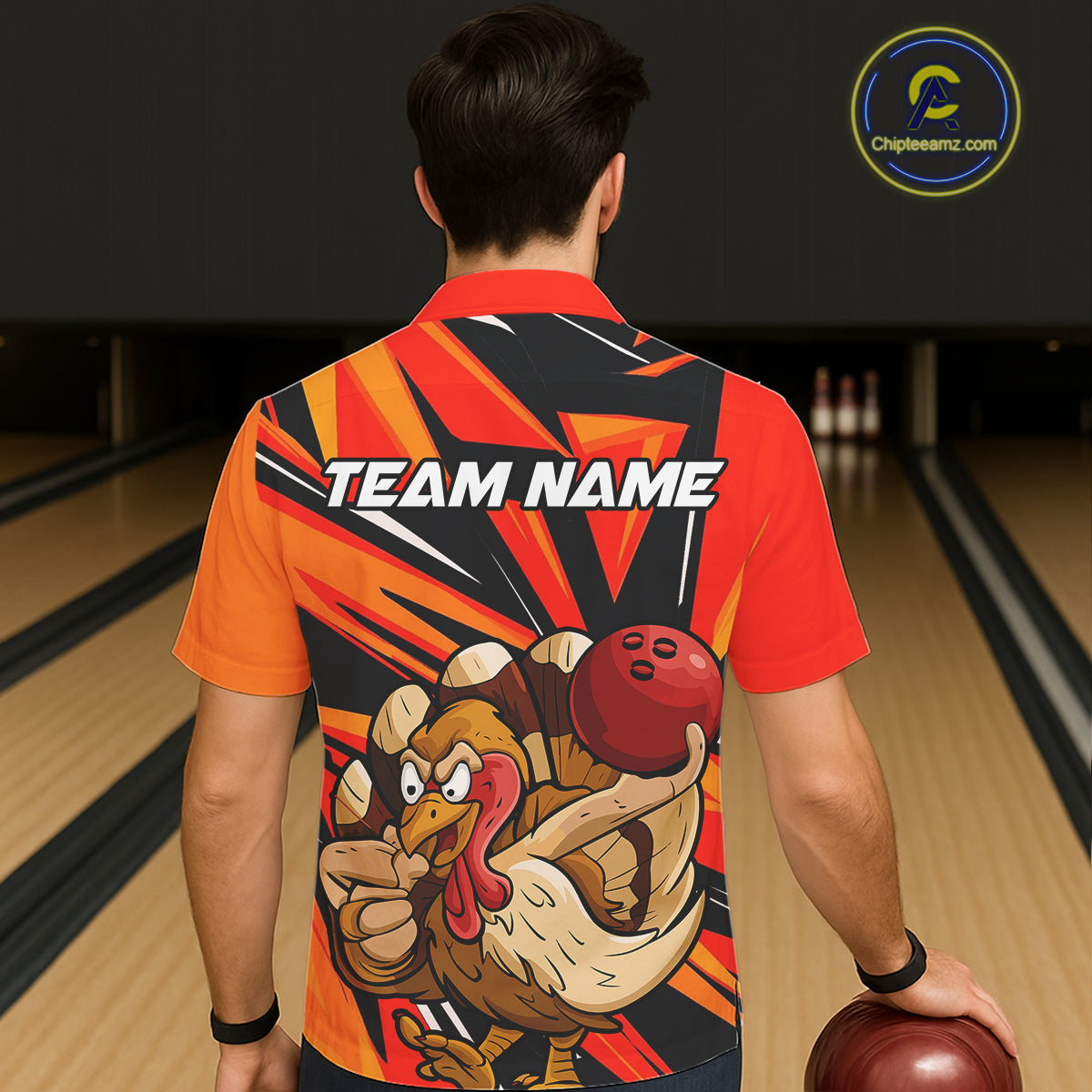 Custom Funny Turkey Bowling Shirts For Men, Orange Thanksgiving Bowling Shirt Team Uniform IPHW7587